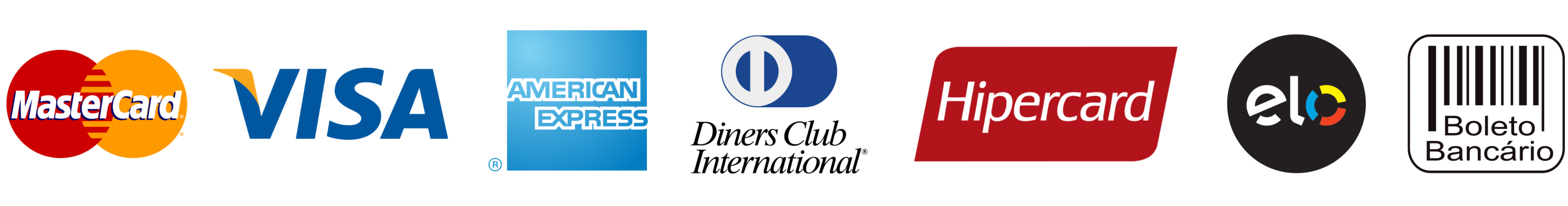 Mastercard, Visa, American Express, Diners Club, Hipercard, Elo e boleto bancário